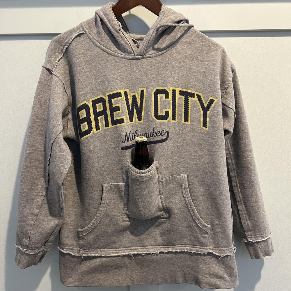 Brew‎ City Hoodie Mens Small Gray Milwaukee Beer Bottle Holder Kangaroo Pocket
